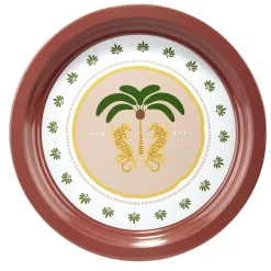 Plateau rond Indie motif palmier métal rose et vert Ø34cm