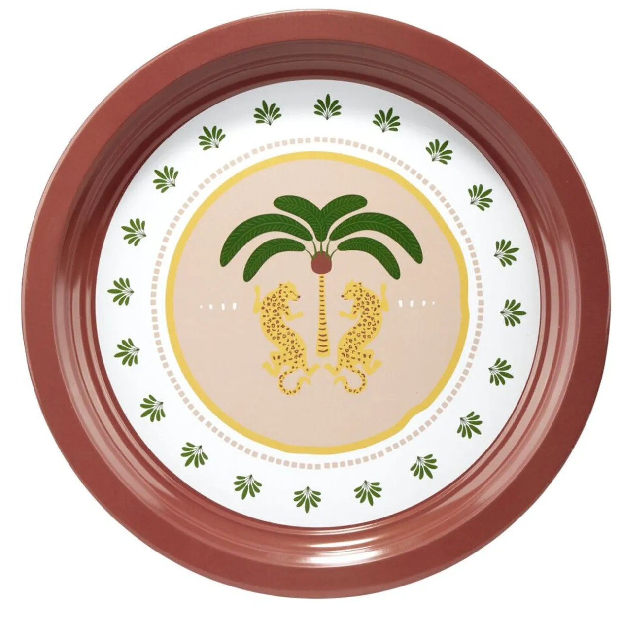 Plateau rond Indie motif palmier métal rose et vert Ø34cm
