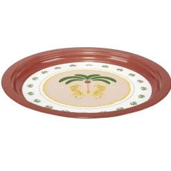 Plateau rond Indie motif palmier métal rose et vert Ø34cm