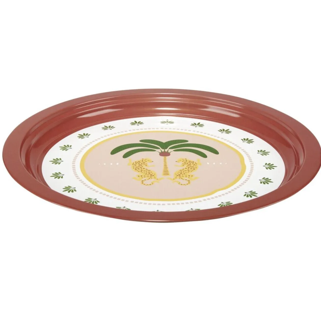 Plateau rond Indie motif palmier métal rose et vert Ø34cm