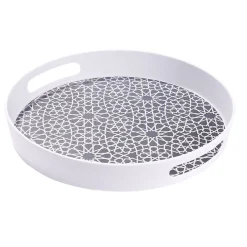 Plateau rond mélaminé motif géométrique blanc et bleu Ø34,5xH5cm < Gifi Clearance