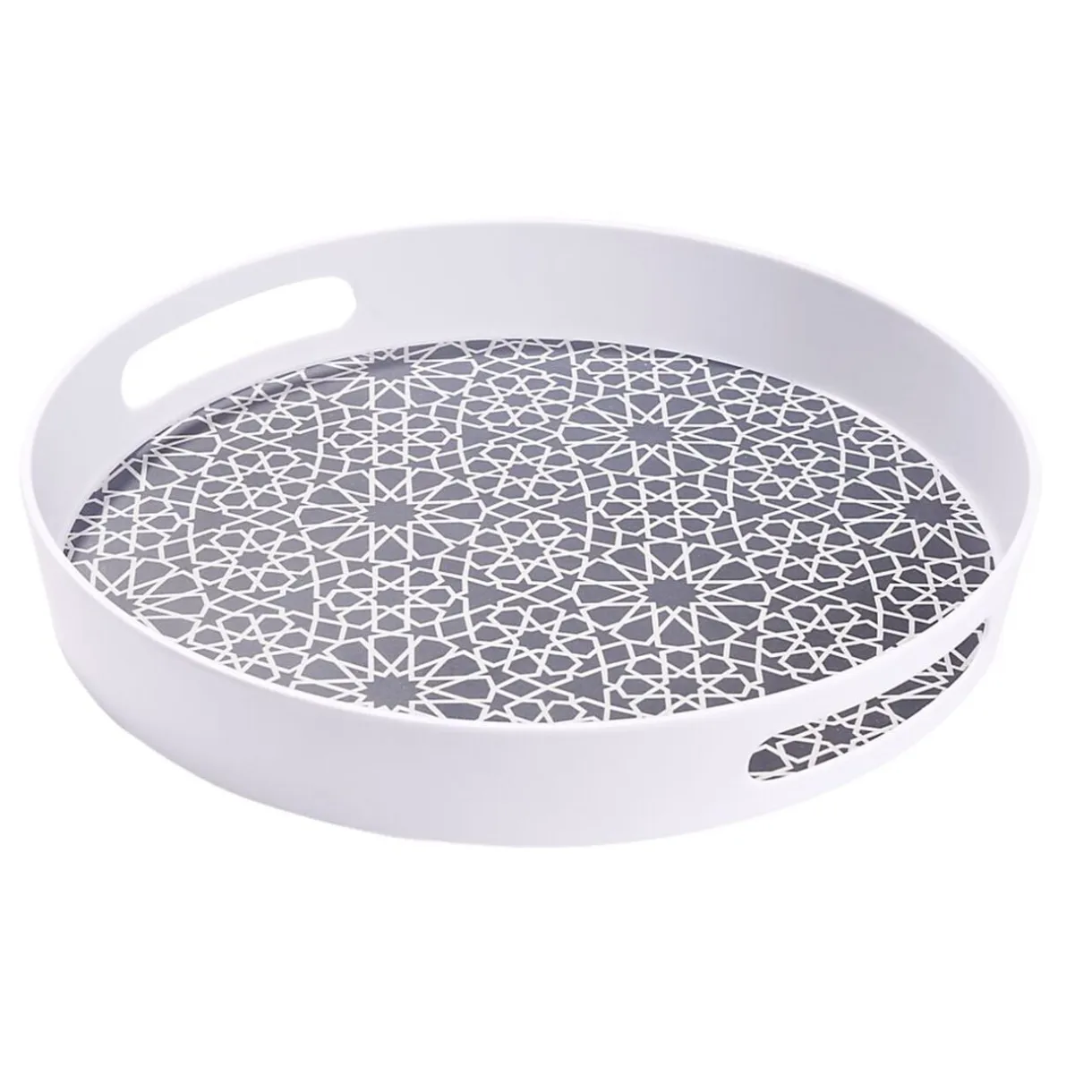 Plateau rond mélaminé motif géométrique blanc et bleu Ø34,5xH5cm < Gifi Clearance