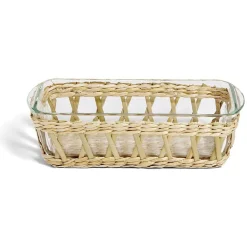 Plat à four en verre transparent et déco raphia beige 28x11,5xH8,5cm < Gifi Outlet
