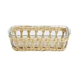 Plat à four en verre transparent et déco raphia beige 28x11,5xH8,5cm < Gifi Outlet