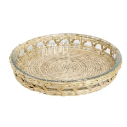 Plat à four en verre transparent et déco raphia beige Ø27,5xH4,5cm