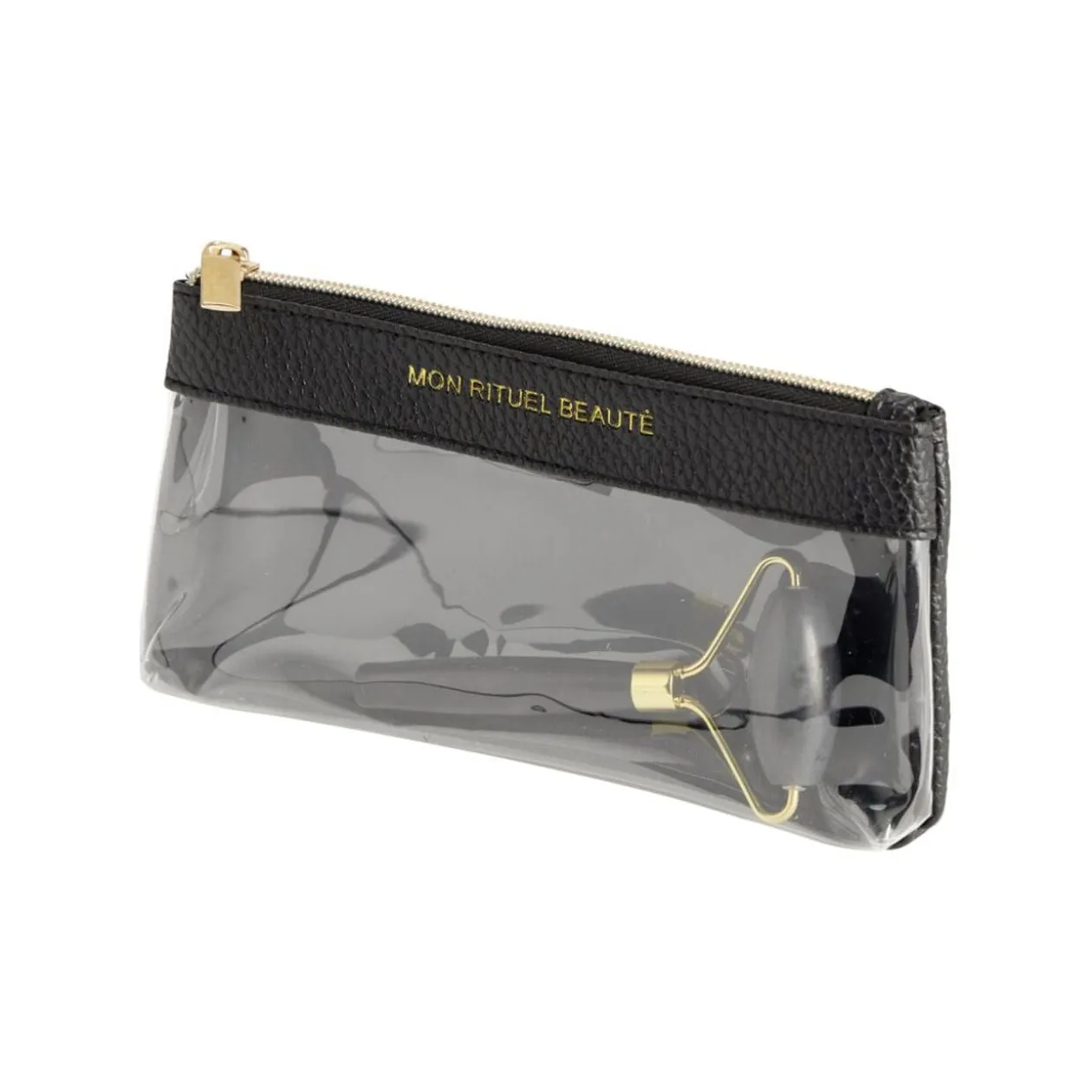 Pochette maquillage avec roll on pierre jade noir et doré L18cm