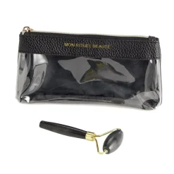 Pochette maquillage avec roll on pierre jade noir et doré L18cm