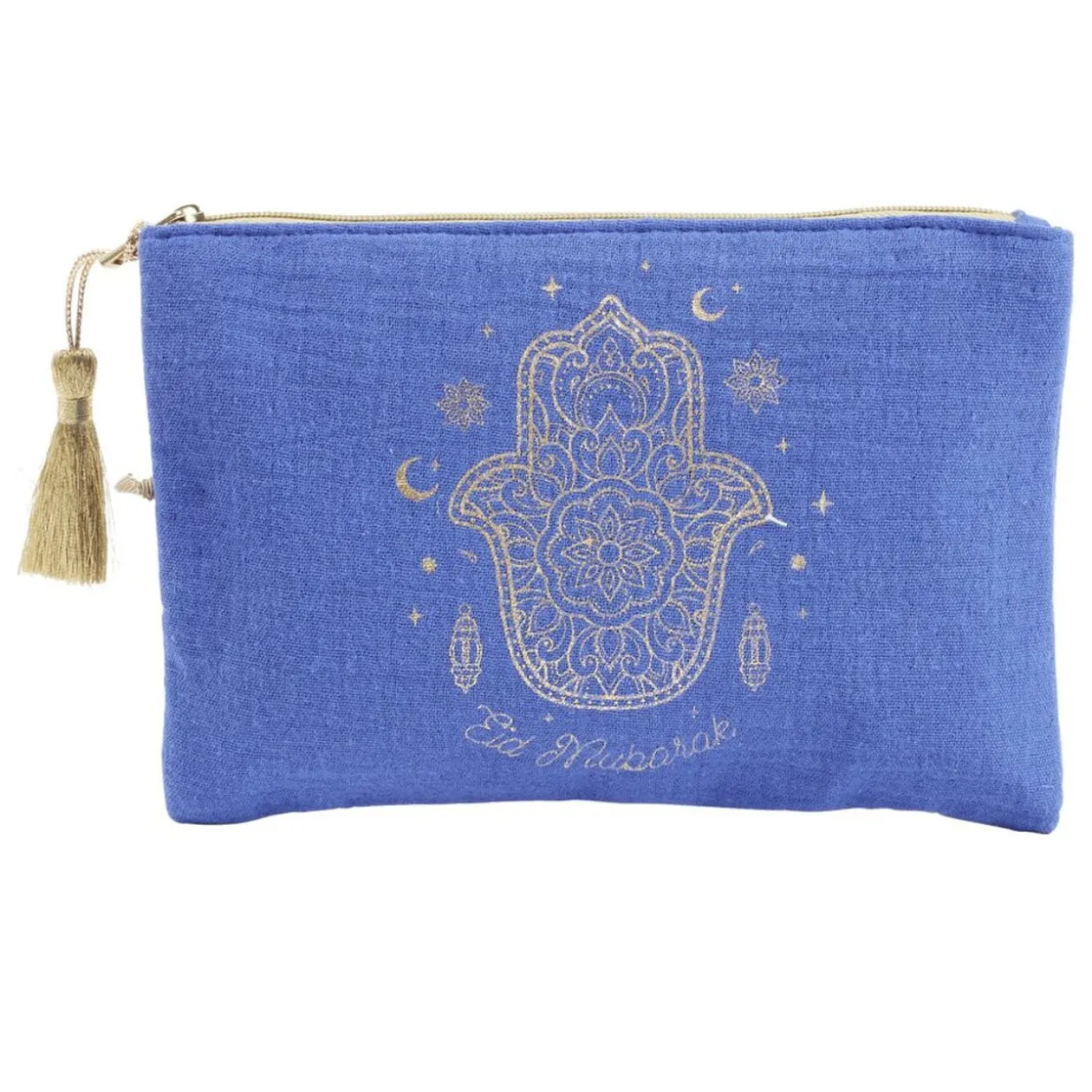 Pochette tissu main de Fatma Eid Mubarak bleue et dorée 14x20cm