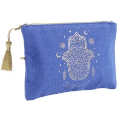 Pochette tissu main de Fatma Eid Mubarak bleue et dorée 14x20cm
