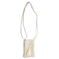 Pochette téléphone beige paille papier avec pompon