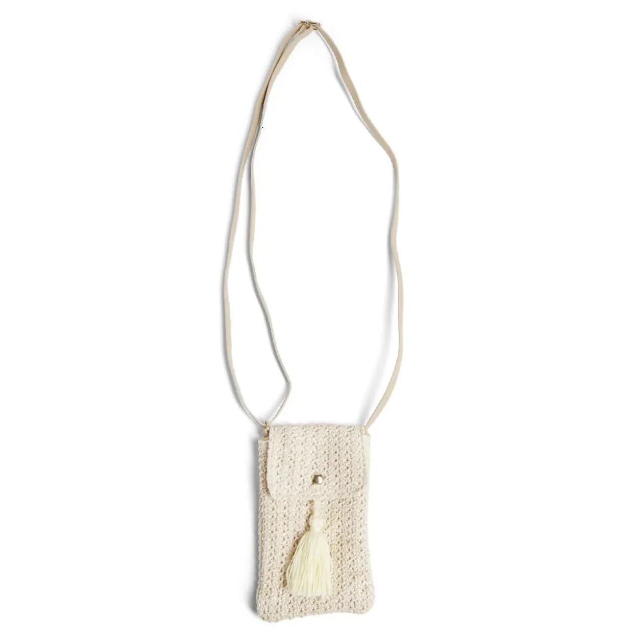Pochette téléphone beige paille papier avec pompon