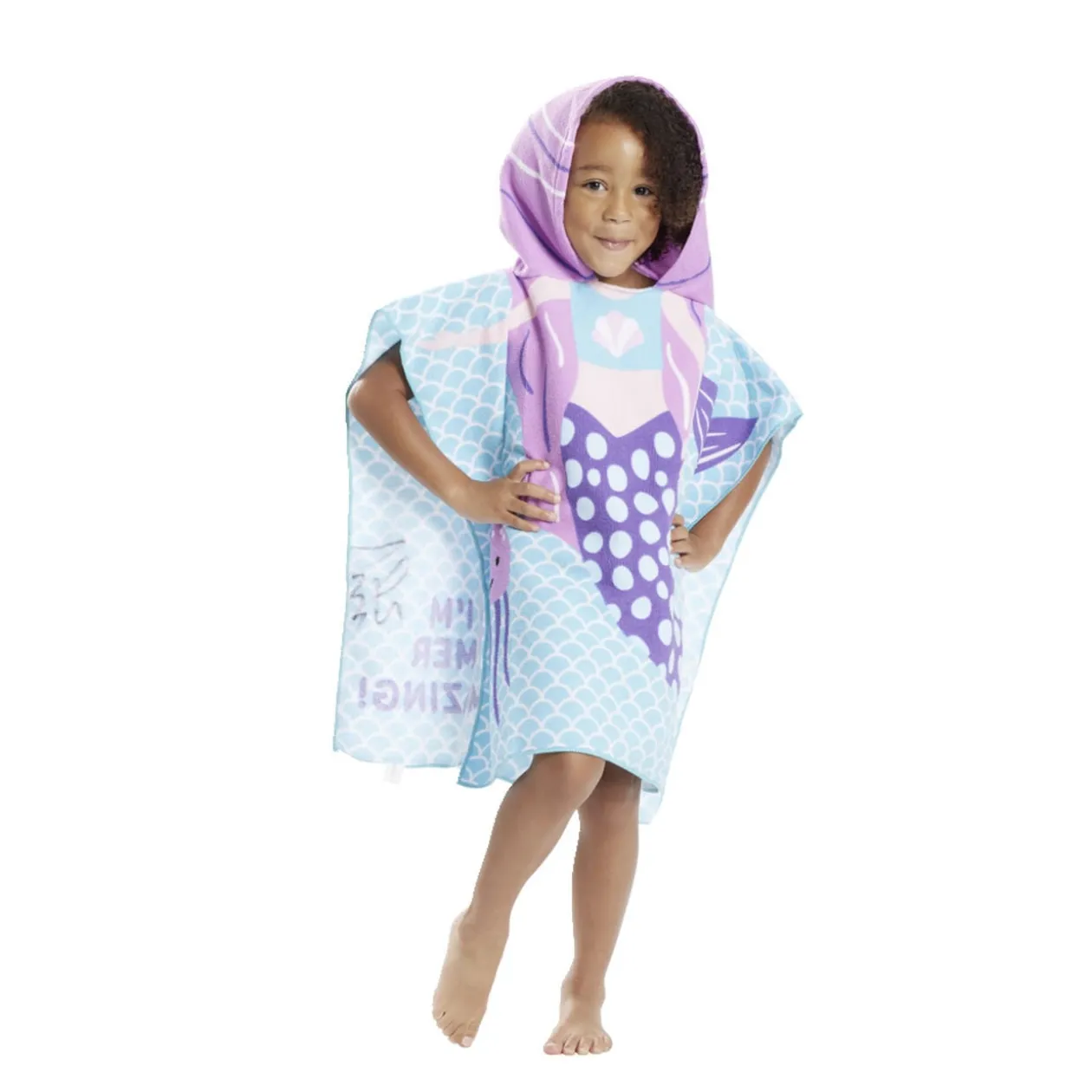 Poncho capuche sortie de plage enfant motif sirène bleu 60x60xH120cm