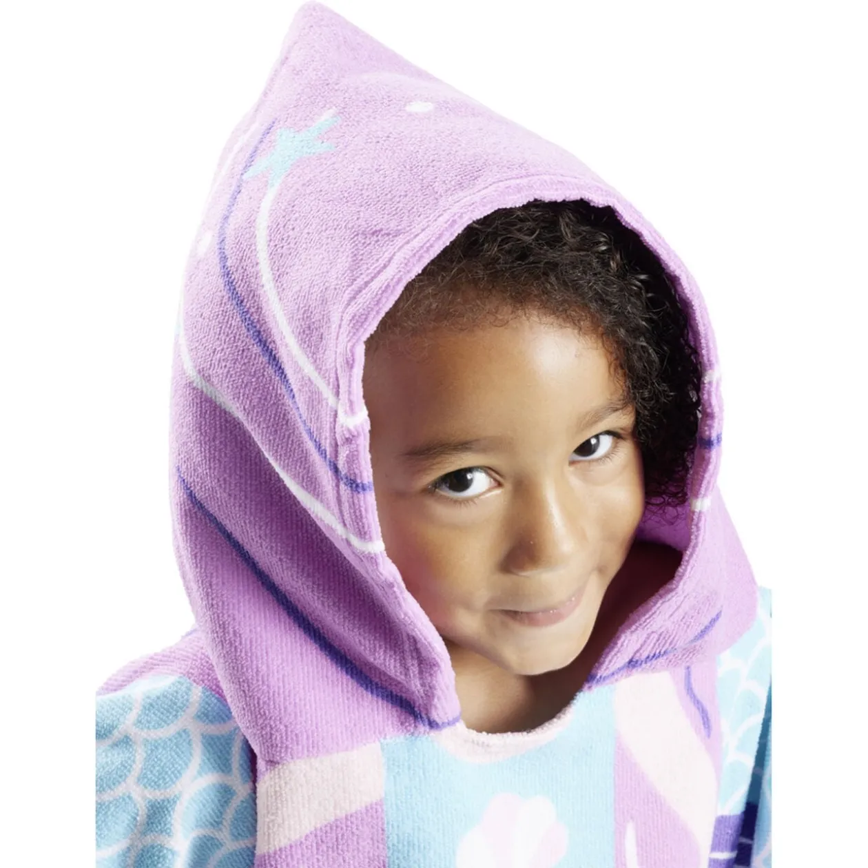 Poncho capuche sortie de plage enfant motif sirène bleu 60x60xH120cm