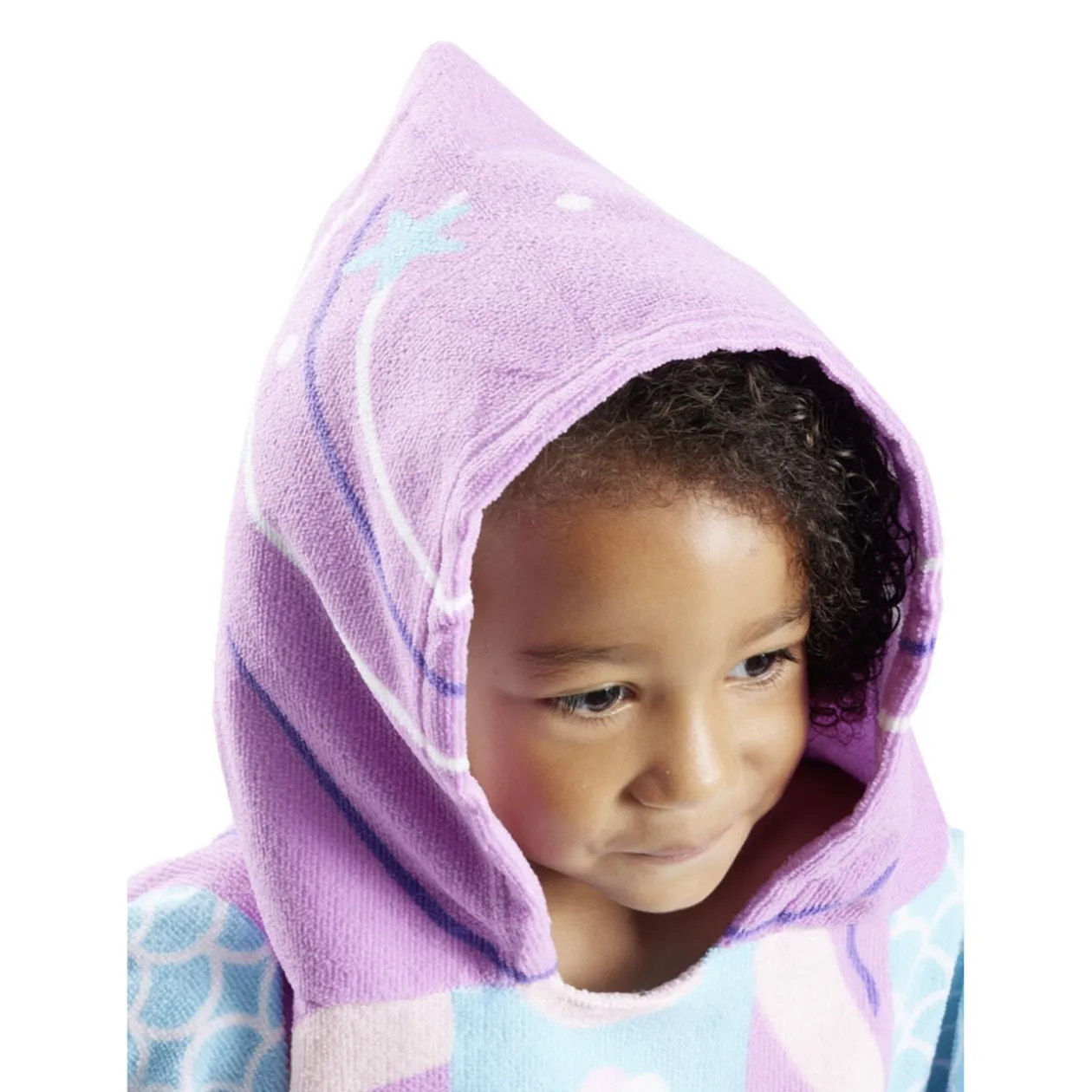 Poncho capuche sortie de plage enfant motif sirène bleu 60x60xH120cm