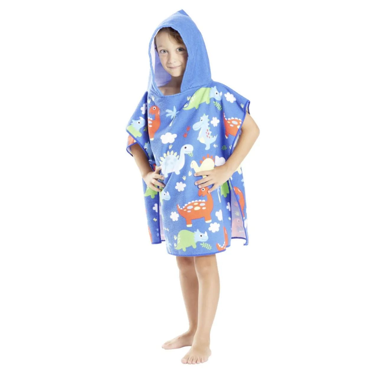 Poncho capuche sortie de plage enfant motif dino bleu 60x60xH120cm