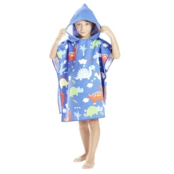 Poncho capuche sortie de plage enfant motif dino bleu 60x60xH120cm