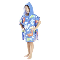 Poncho capuche sortie de plage enfant motif dino bleu 60x60xH120cm