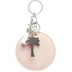 Porte-clé miroir décor palmier avec pompon rose ou beige