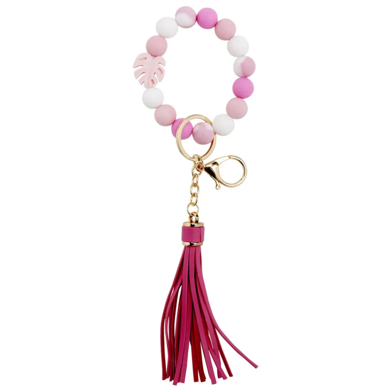 Porte-clé pompon simili et bracelet perle en bois Ø8xL9cm (2 modèles)