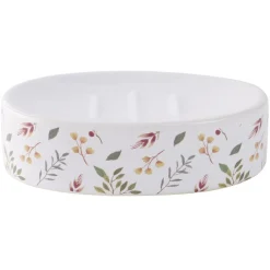 Porte-savon céramique motif floral blanc et rose 13x8,5xH3cm