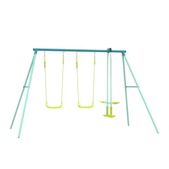 Portique 2 balançoires et 1 duo face-à-face bleu et jaune 292x200xH185cm < Gifi Discount