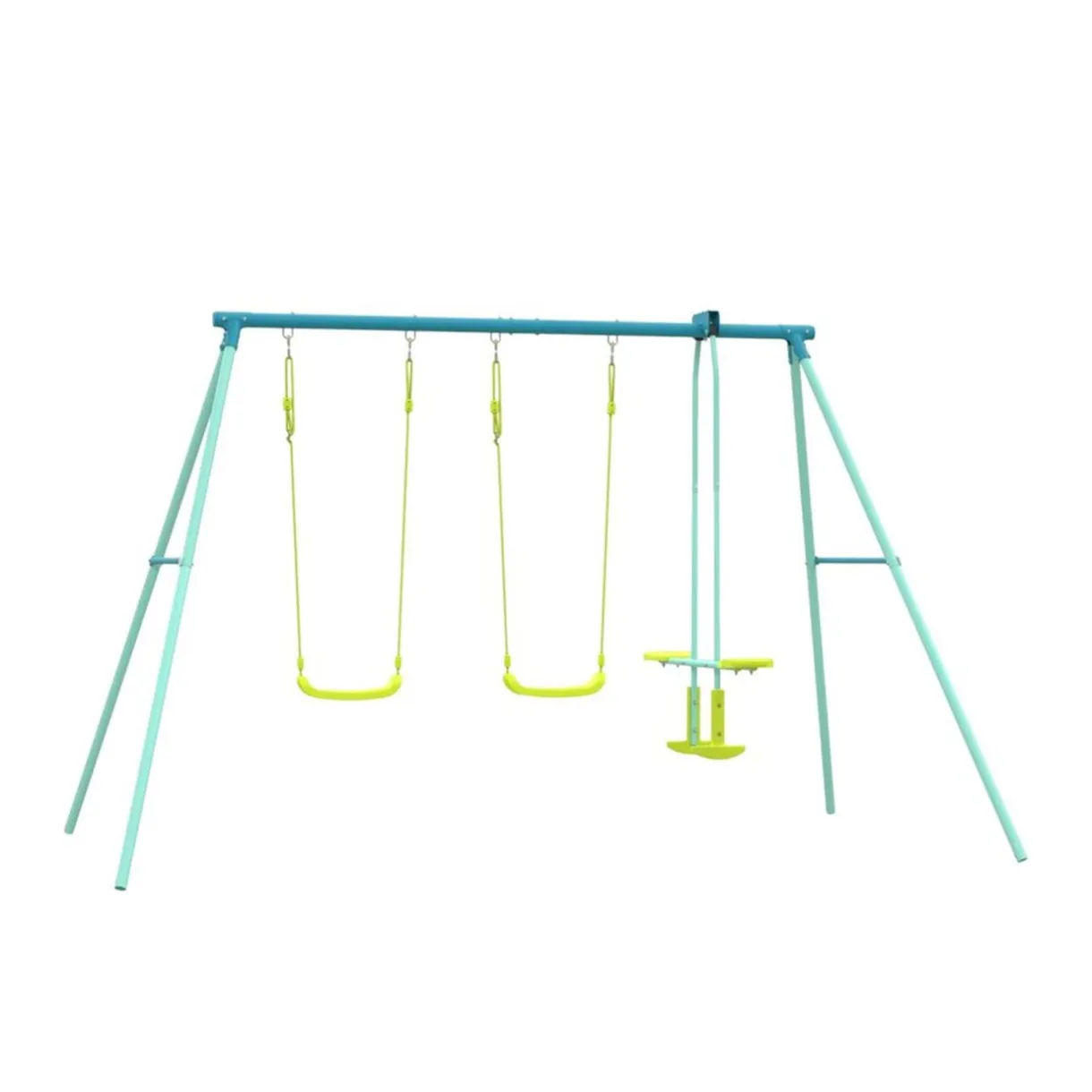 Portique 2 balançoires et 1 duo face-à-face bleu et jaune 292x200xH185cm < Gifi Discount