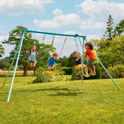 Portique 2 balançoires et 1 duo face-à-face bleu et jaune 292x200xH185cm < Gifi Discount