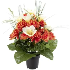Pot chrysanthème+rose+lys H58 cm orange - Fleur artificielle 36 têtes < Gifi