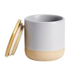 Pot à coton céramique bleu et couvercle bois Ø9xH10cm < Gifi Discount
