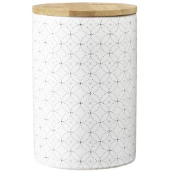 Pot en céramique blanc à motif gris avec couvercle en bois H14 cm < Gifi New