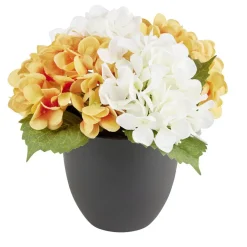 Pot fleur artificielle hortensia orange et blanc 4 tiges H23cm