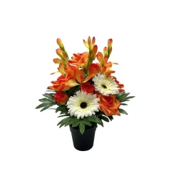 Pot fleurs artificielles rose/gerbera/lisiant orange et rouge 18 tiges H42cm < Gifi Outlet