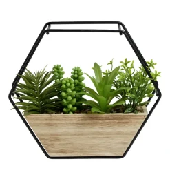 Pot hexagonal avec plantes vertes artificielles en bois et métal 20,5x5xH20,5cm < Gifi Hot