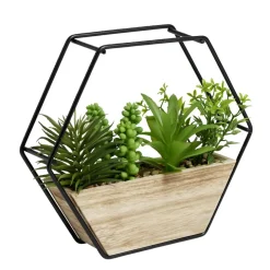 Pot hexagonal avec plantes vertes artificielles en bois et métal 20,5x5xH20,5cm < Gifi Hot