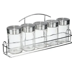 Pot à épices verre couvercle inox x5 avec support métallique 26x5,5xH11,5cm