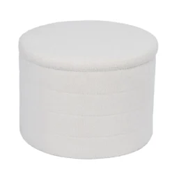 Pouf coffre de rangement rond blanc tissu bouclette Clara Ø56xH40cm