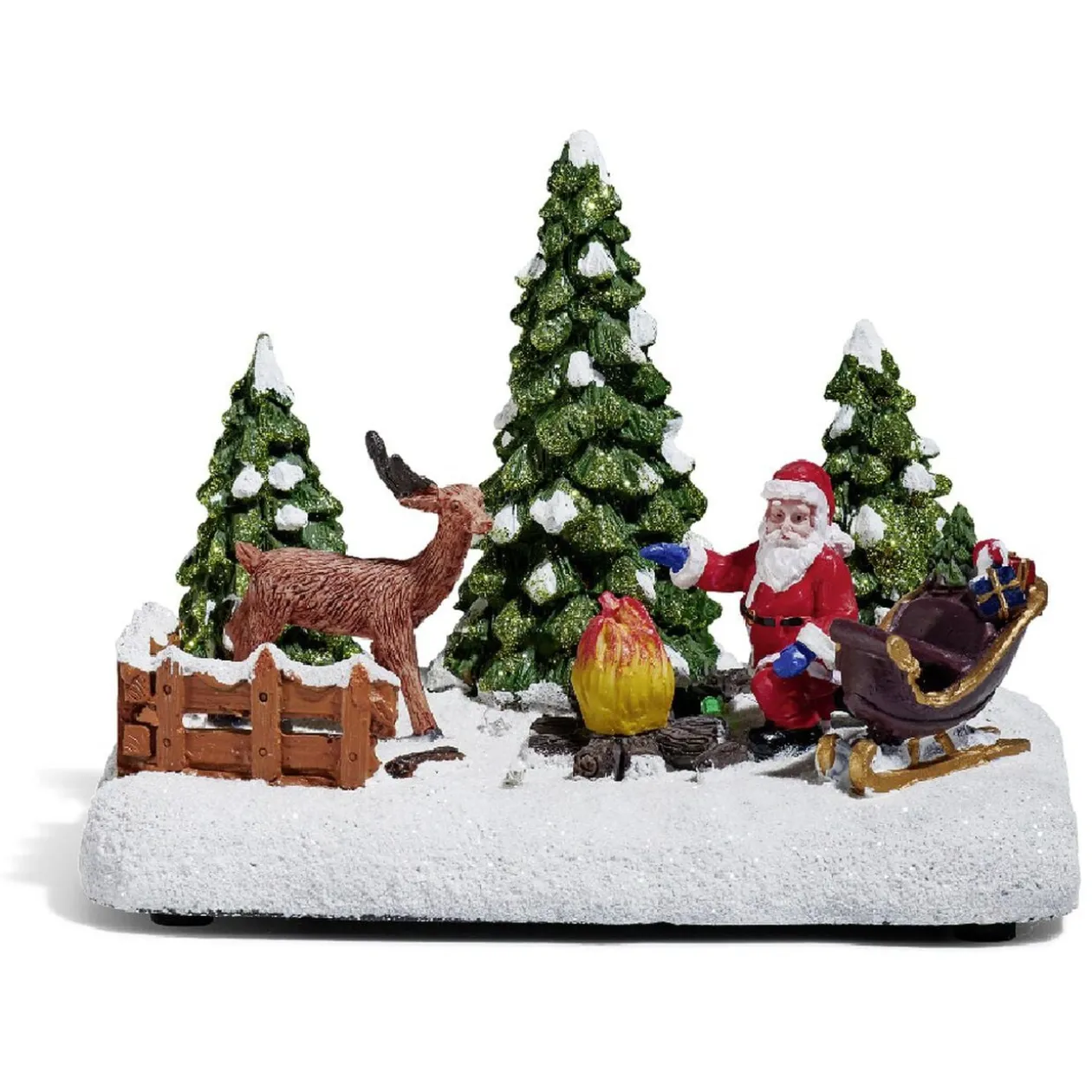 Père Noël et renne lumineux feu de bois sur la neige 4 LED en résine