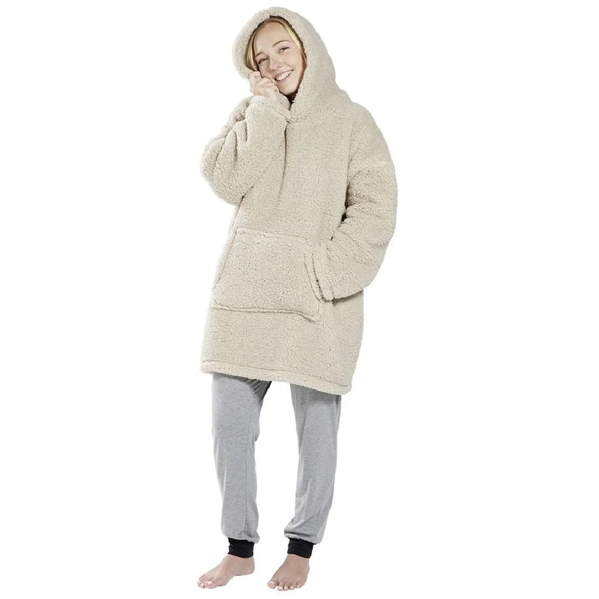 Pull plaid adulte polaire à capuche - beige ou blanc < Gifi