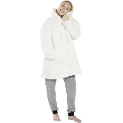Pull plaid adulte polaire à capuche - beige ou blanc < Gifi