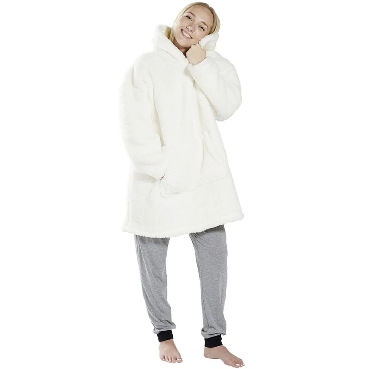 Pull plaid adulte polaire à capuche - beige ou blanc < Gifi