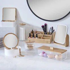 Rangement pour coton plastique transparent et bambou H20cm