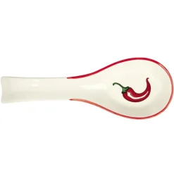 Repose-cuillère en céramique blanche motif piment rouge L16cm