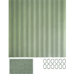 Rideau de douche avec anneaux et tapis salle de bain chenille (2 modèles gris ou vert)