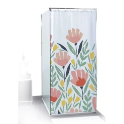 Rideau de douche motif floral et feuillage bleu vert rouge 180x200cm