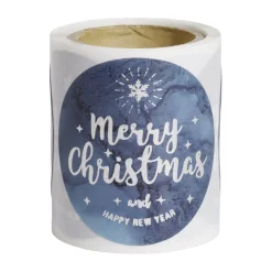 Rouleau étiquette autocollante Merry Christmas iridescent bleu Ø3cm x50