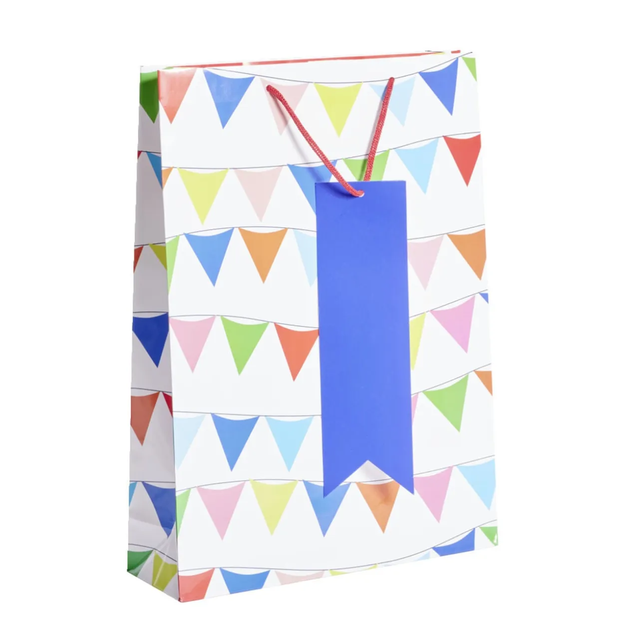 Sac cadeau blanc motifs fanions multicolores - Taille XL