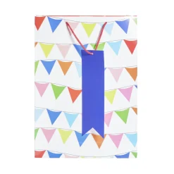 Sac cadeau blanc motifs fanions multicolores - Taille XL