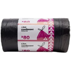 Sac poubelle noir lien coulissant 50L x80