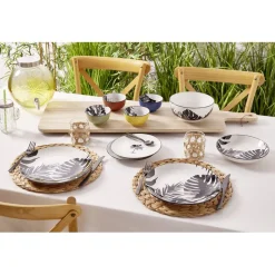 Saladier 1,6L et 4 coupelles 300ml porcelaine motif feuillage tropical noir blanc