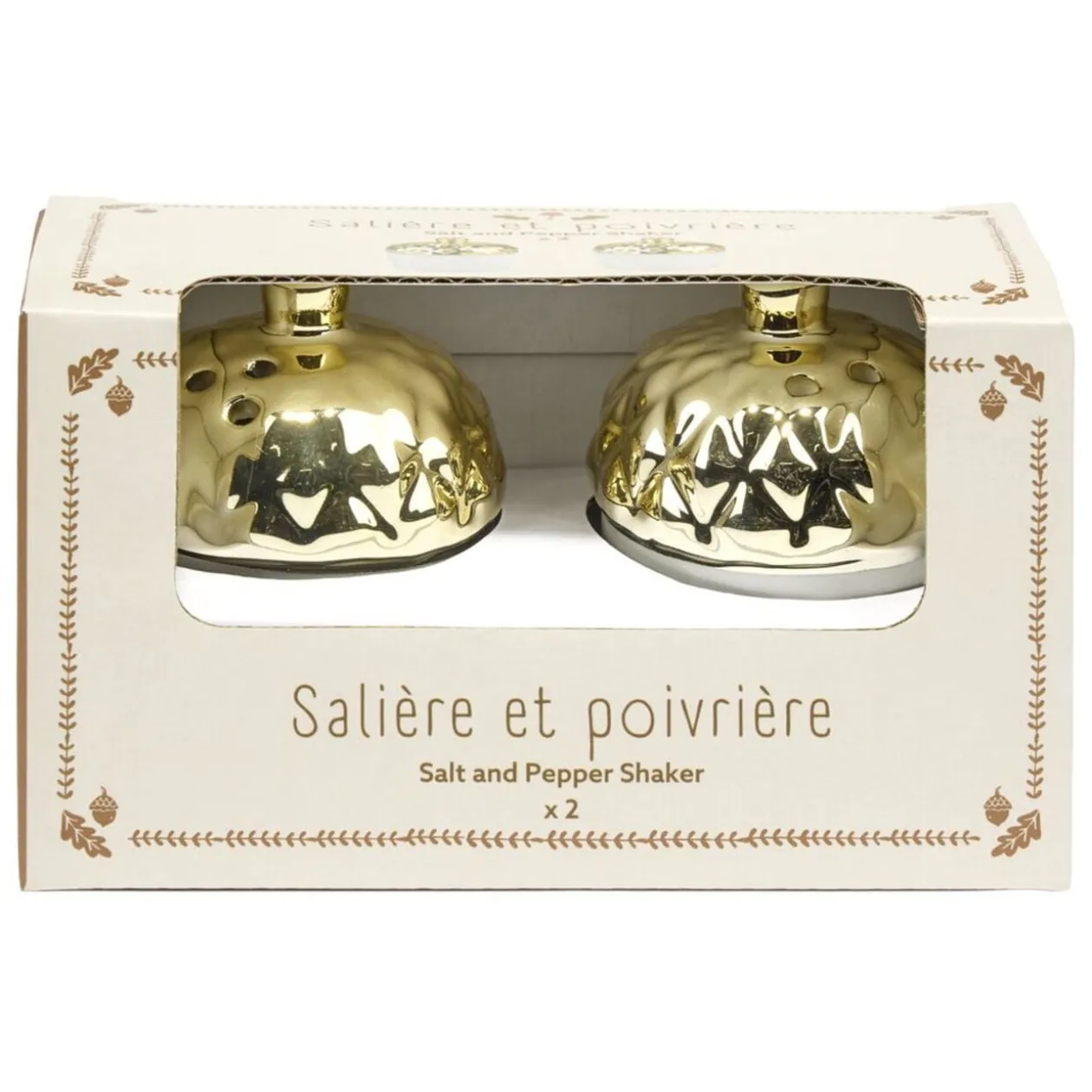 Salière et poivrière forme gland automne dolomite doré et blanc Ø5xH7,5cm